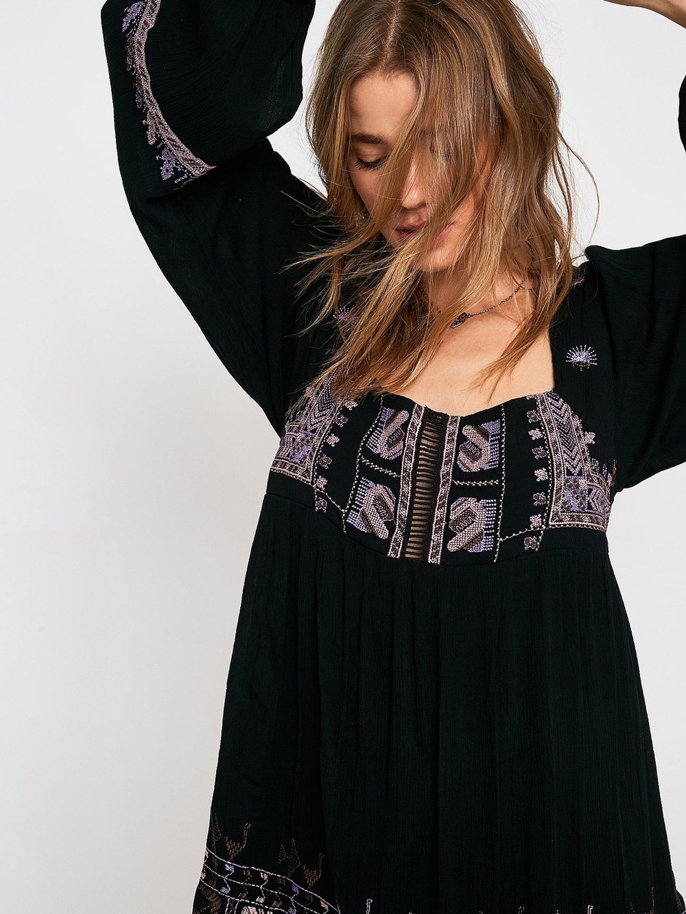 Free People Black Embroidered Open-Back Mini Dress